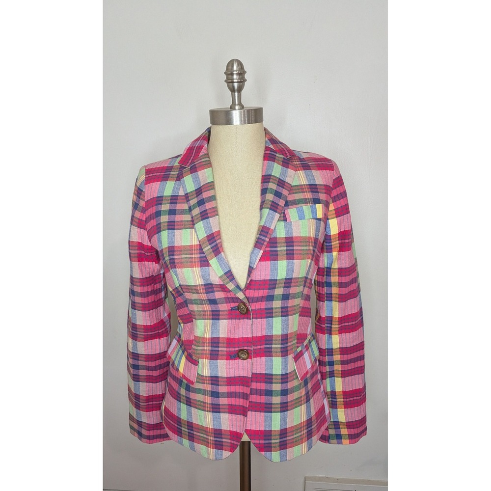 J.Crew Women Size 00 Madras Plaid 100% Cotton Blazer Jacket Preppy Old Money